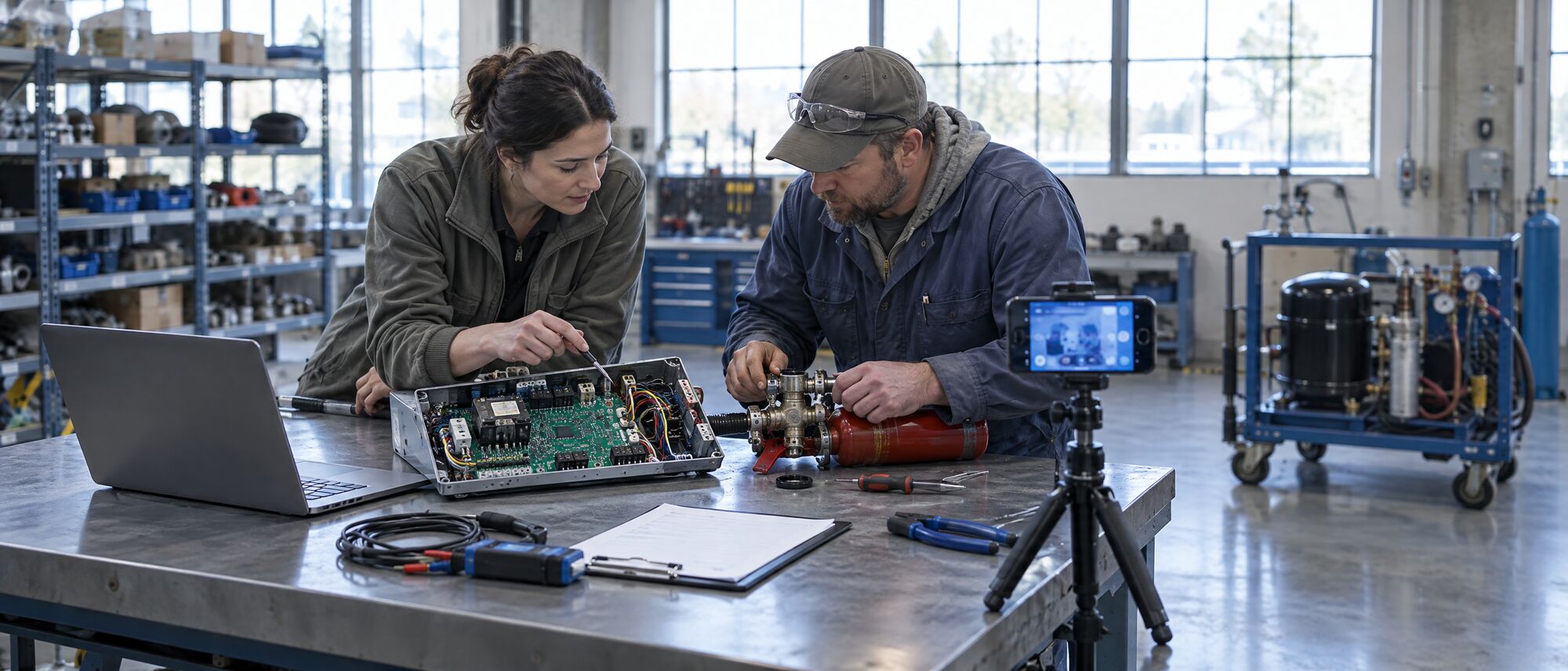 An engineer and a field technician testing a Video Agent at a workbench, a phone on a tripod filming an HVAC control board and an extinguisher valve