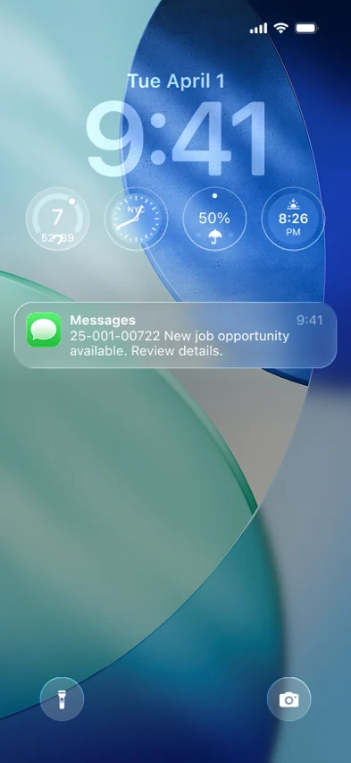 Phone lock screen with a text from Sentinel: new job opportunity available, review details