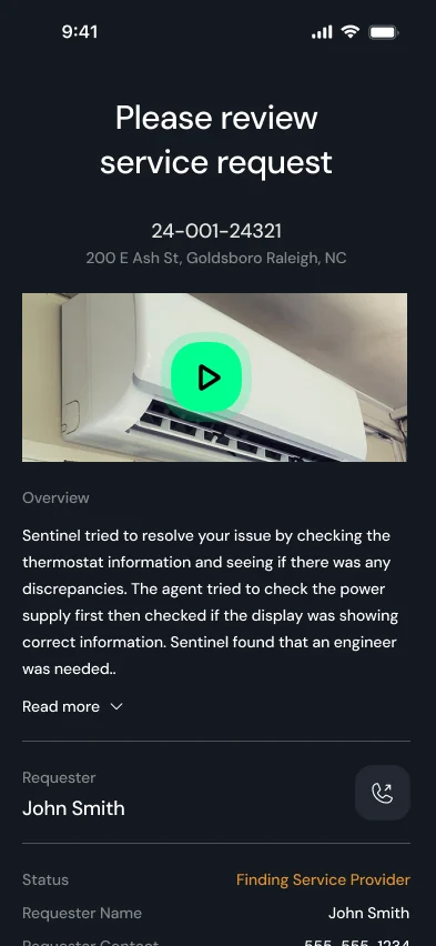 The job review screen: the requester’s video of a mini-split, Sentinel’s overview of what it checked, and the requester